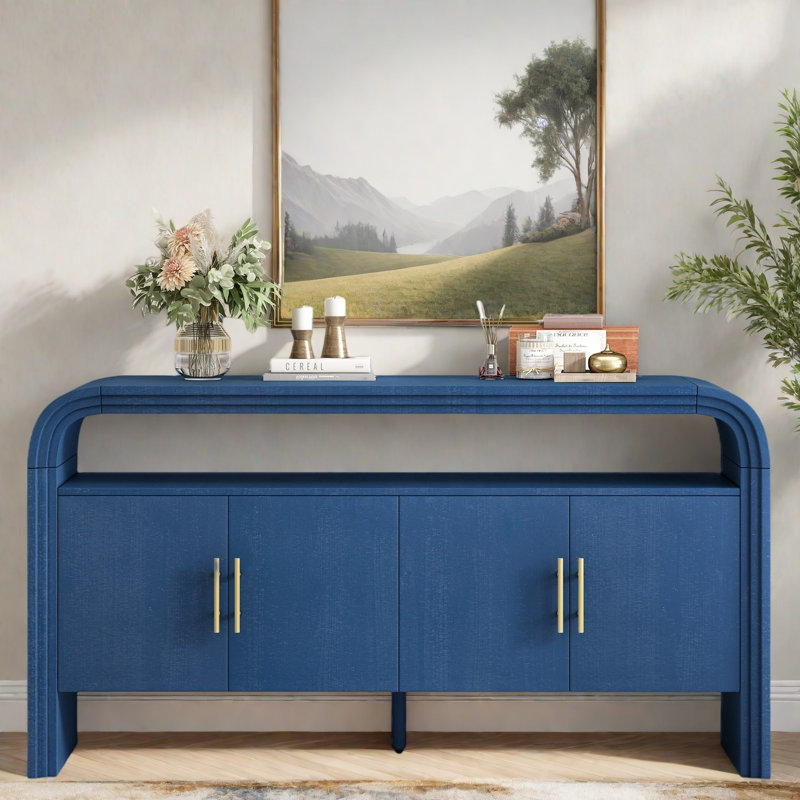 4-door Elegant Console Table With Natural Embossed Texture, Curved Edge And Metal Handles, Navy