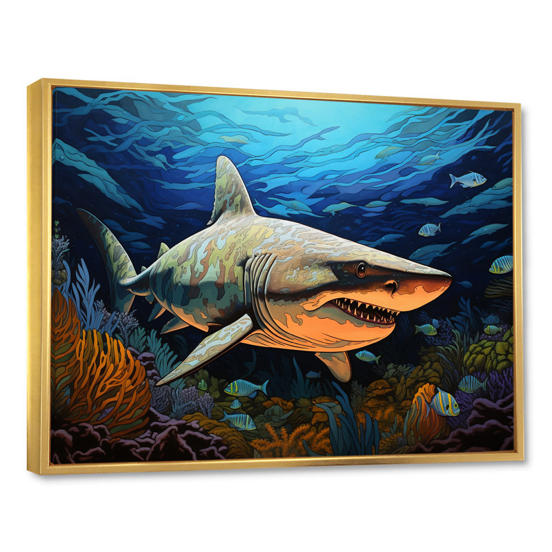 " Bull Shark Depths Photography I ", Gold Floater Framed, 30" H x 40" W x 1.5" D