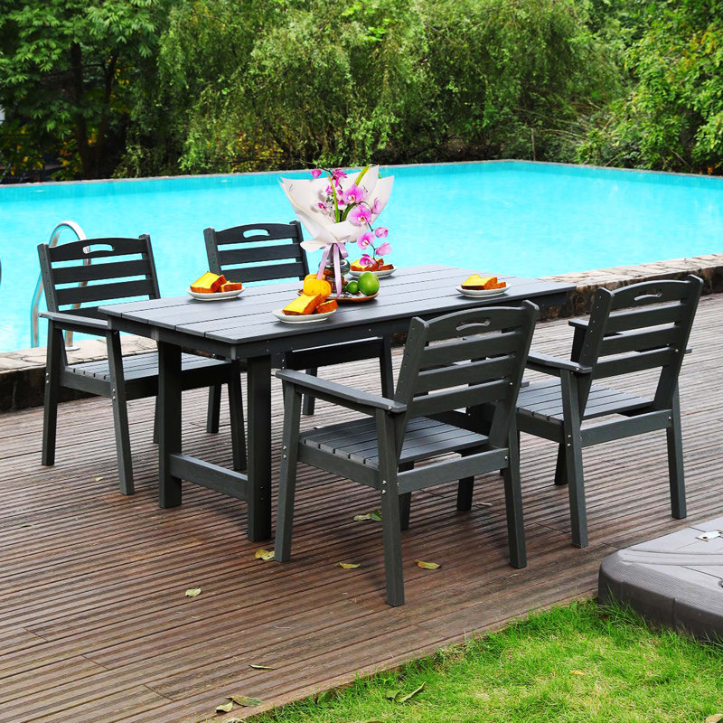 HDPE Outdoor Patio Dining Set, 1 Table & 4 Chairs With Umbrella Hole, Waterproof All-Weather Furniture For Lawn, Garden, Backyard & Poolside, Gray