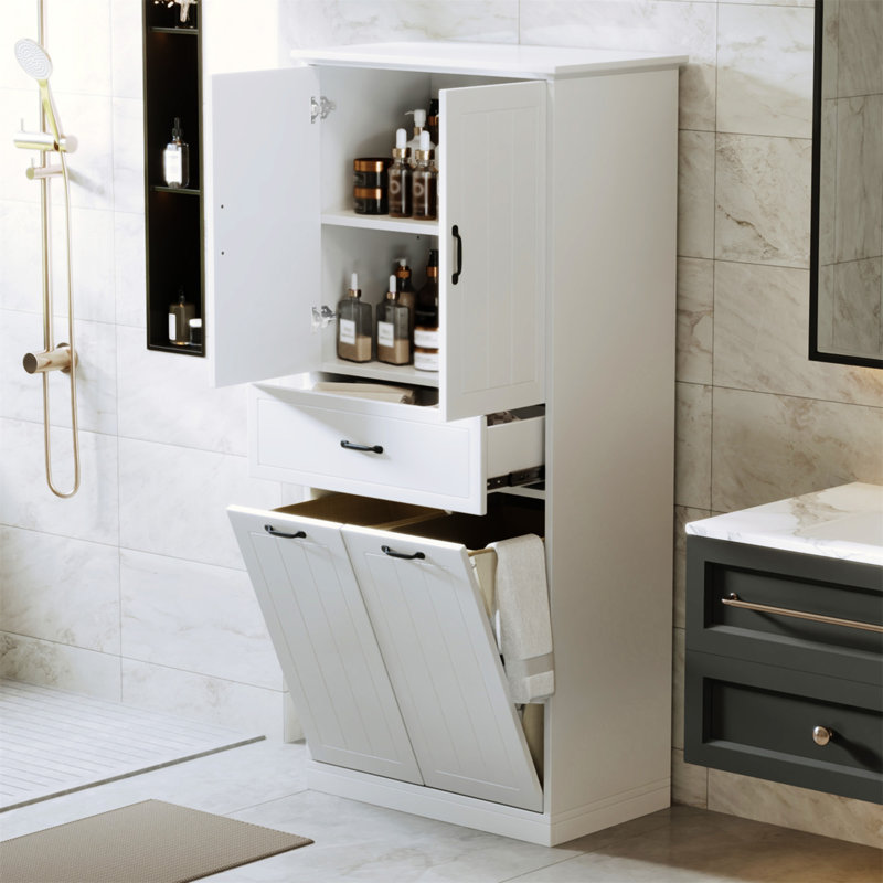 Bathroom Storage Cabinet with Two Laundry Baskets, Storage Cabinet with Doors and Drawer for Home, White