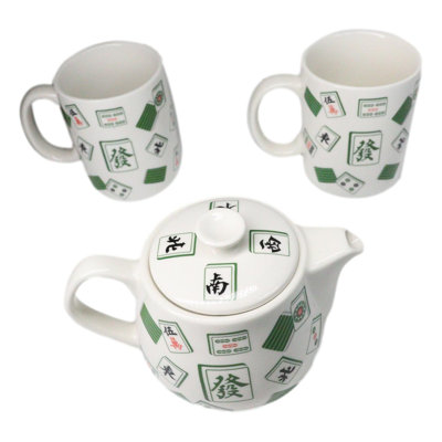 Green White Chinese Mahjong Tiles Ceramic Tea Pot 15oz And 2 Cup Mugs 11oz Set
