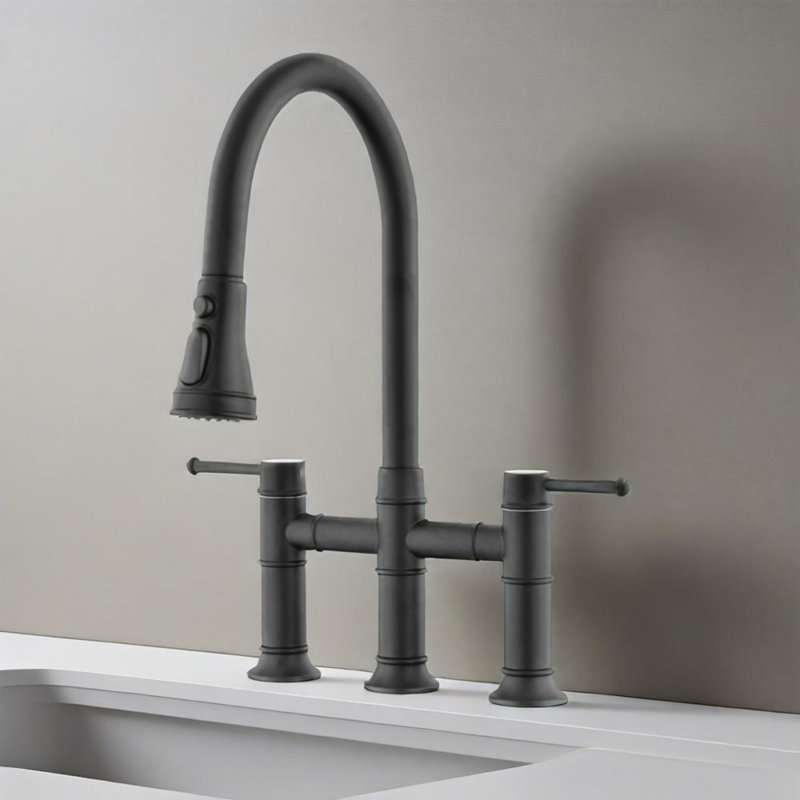 Double Handle Bridge Kitchen Faucet With Pull-down Spray Head, Matte Black