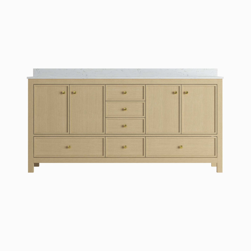 Meuble-lavabo double avec portes et tiroirs, 71", Bois naturel