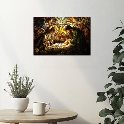 Nativity Scene Canvas Wall Art Decor, Birth of Jesus Stained Glass Print Painting, Mary Joseph Angels Spiritual Picture, Ready to Hang Christian Home Church Artwork Poster Framed Canvas Prints, 12×16 Inches