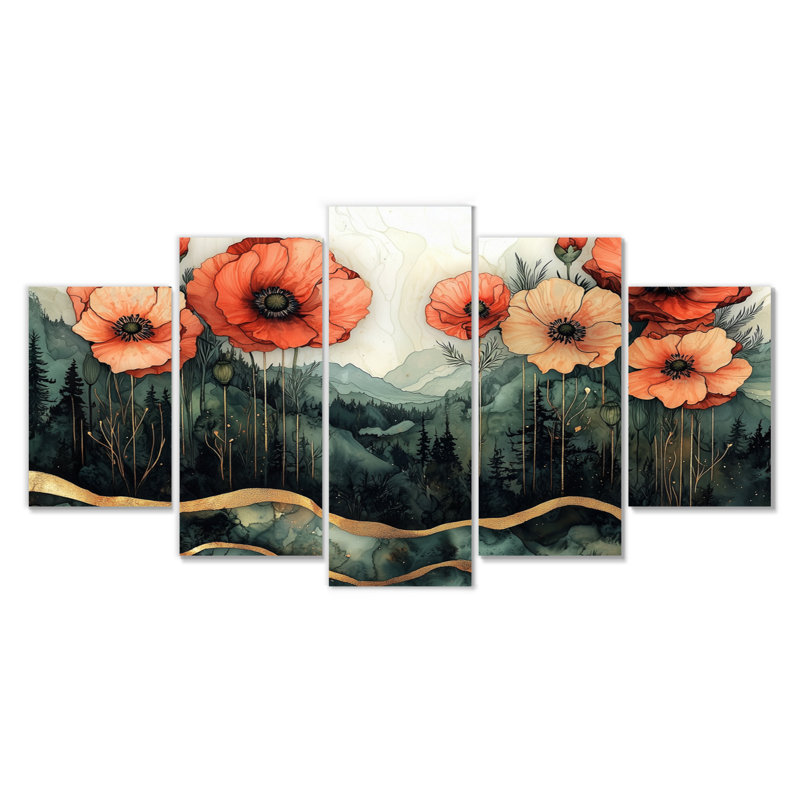 Fleurs de coquelicots sur un sommet de pierres émeraude II - Art mural - ensemble de décorations en diamant