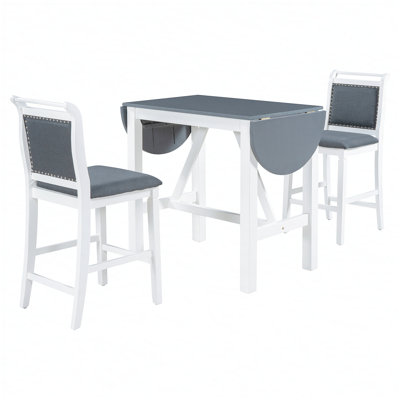 3-Piece Wood Counter Height Drop Leaf Dining Table Set with 2 Upholstered Dining Chairs for Small Place, White