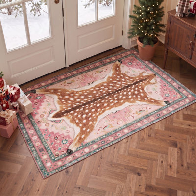 Tapis de salon lavable à poils ras, motif cerf tacheté et bordure florale, imprimé animal de Noël rose et marron