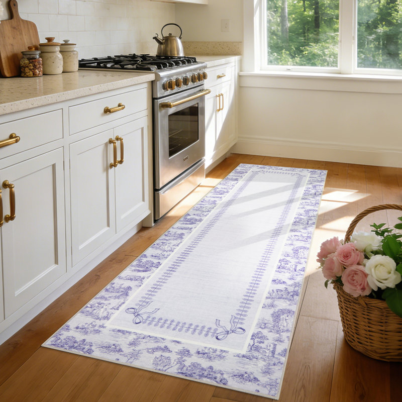 Tapis Toile de Jouy lavable à la machine – Tapis à motif champêtre français, ultra doux, antidérapant et ne peluche pas