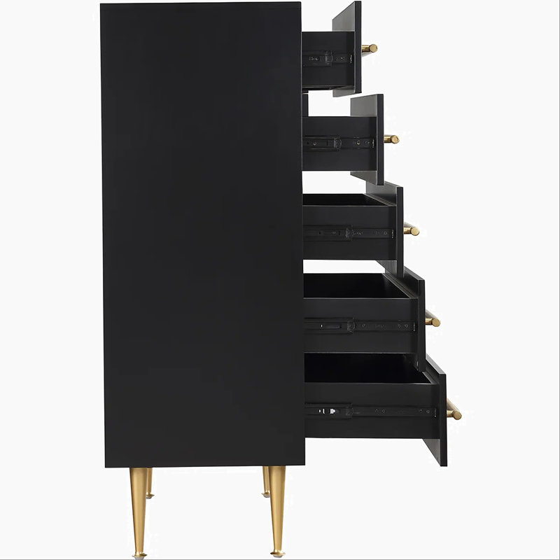Commode contemporaine à 5 tiroirs avec détails dorés, commode 1 pièce pour chambre à coucher, unité de rangement en bois, noir
