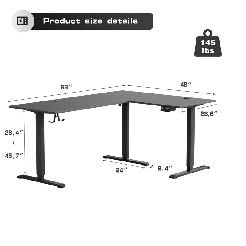 63" L Shaped Home Office Height Adjustable Electric Standing Desk, 45.7" H x 63" W x 48" D, Gray/Black