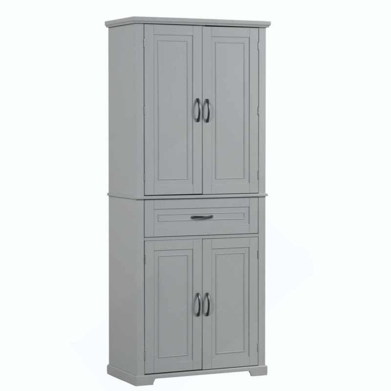 Bathroom Tall Storage Cabinet with 4 Doors & 1 Drawer, Adjustable Shelf, Anti-Tipping Device, MDF Storage Organizer, Gray