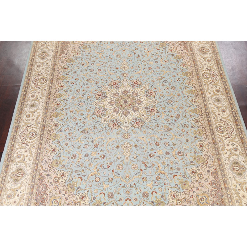 Tapis bleu en laine noué à la main de conception unique 9 pi 0 po x 12 pi 8 po Lunamia