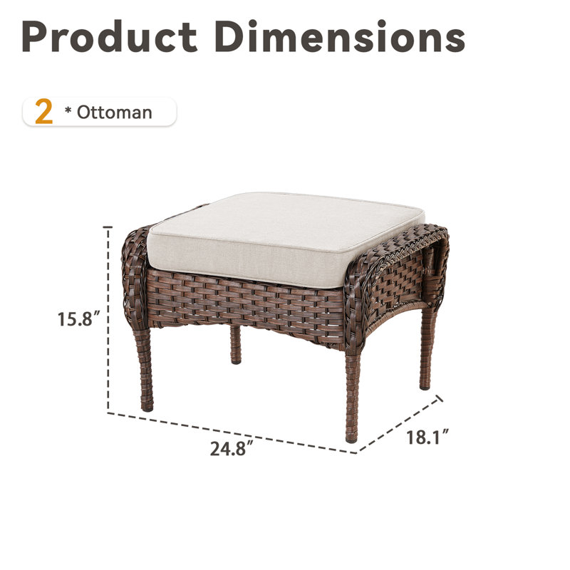 Ensemble de 2 repose-pieds d'extérieur en rotin brun avec coussin beige pour cour ou terrasse