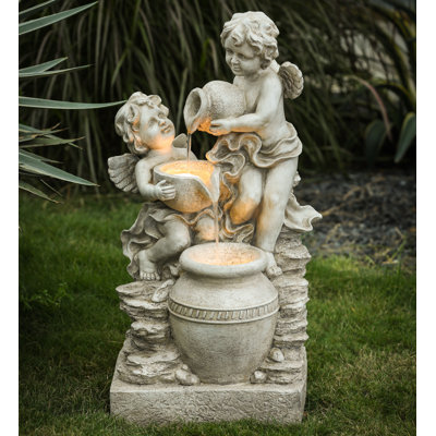 Brook Hallow 29.7'' Outdoor Resin Child Angels Floor Fountain with LED Light