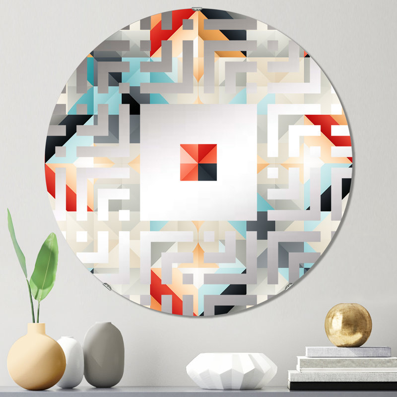 Red And Grey Lattices Geometric Matrix Grid - Square Wall Mirror, 23.6" x 23.6"