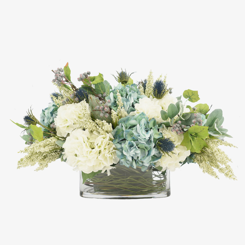 Mixed Floral Arrangement with Hydrangeas, Thistle and Protea, 19" H x 25" W x 17" D
