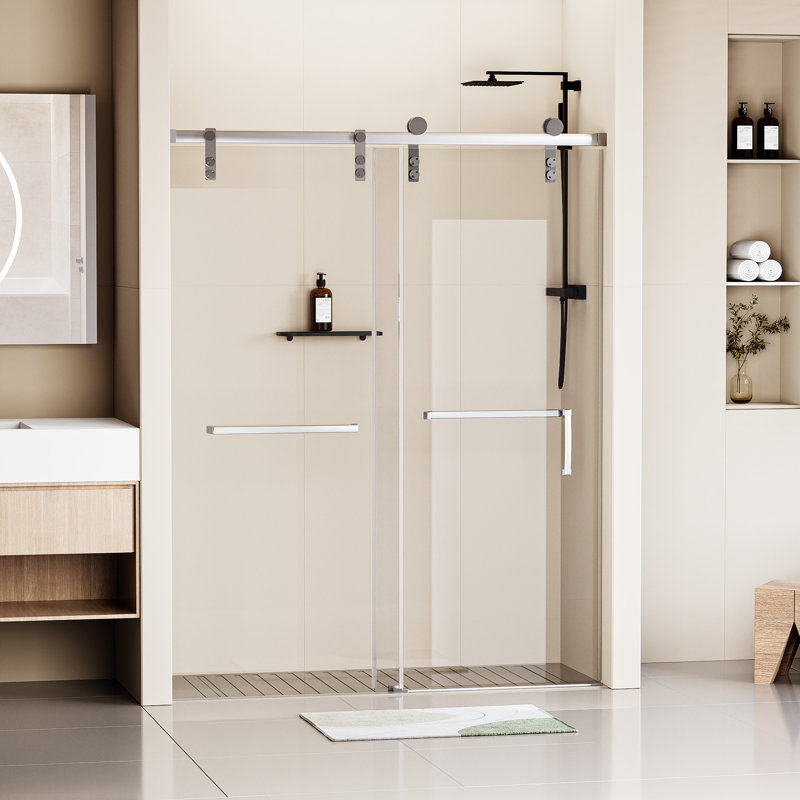 60" x 76" Frameless Matte Black Sliding Shower Door with Clear Tempered Glass
