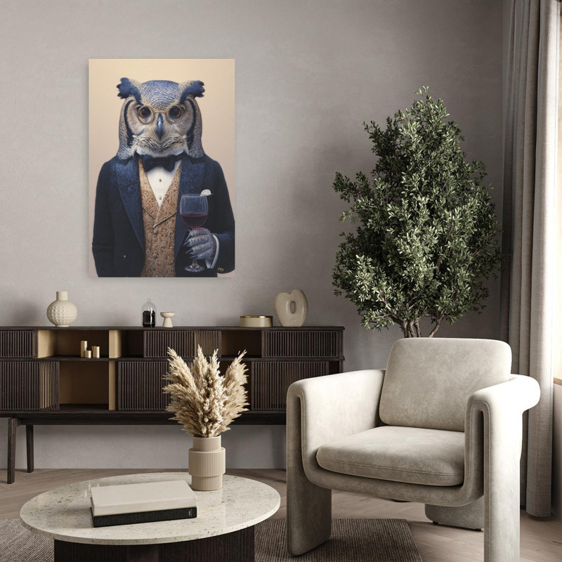 Owl In Midnight Blue Tuxedo Surreal Contemporary Bird Owl Forest Wall Art Print, 91.44cm H x 60.96cm W