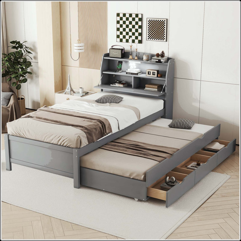 Lit plateforme en bois à DEL avec lit gigogne, tête de lit et tiroirs, Lit simple, Gris