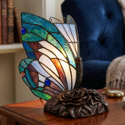 Lampe papillon de style Tiffany Rosalind Wheeler - Lampe de table ou de bureau en vitrail à DEL incluse - Décoration papillon colorée au look rétro