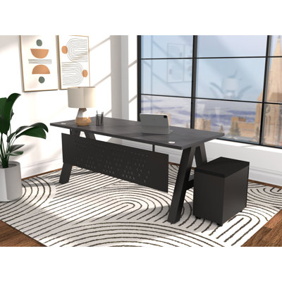 Serenity Modern A-Frame Executive Writing Office Desk, with Modesty and Cushion Top Mobile Storage, 66x30, Charcoal Strand Top