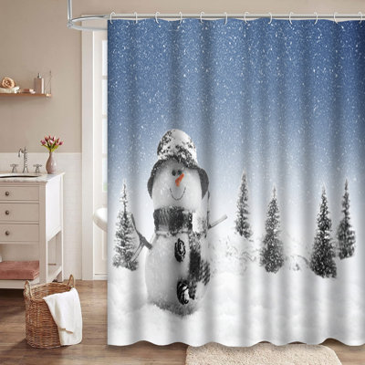Christmas Winter Snowman Wonderland Forest Shower Curtain with 12 Hooks