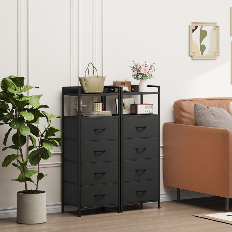  Table de chevet haute noire, 4 tiroirs verticaux en tissu pour la chambre à coucher, le salon et le couloir, Noir