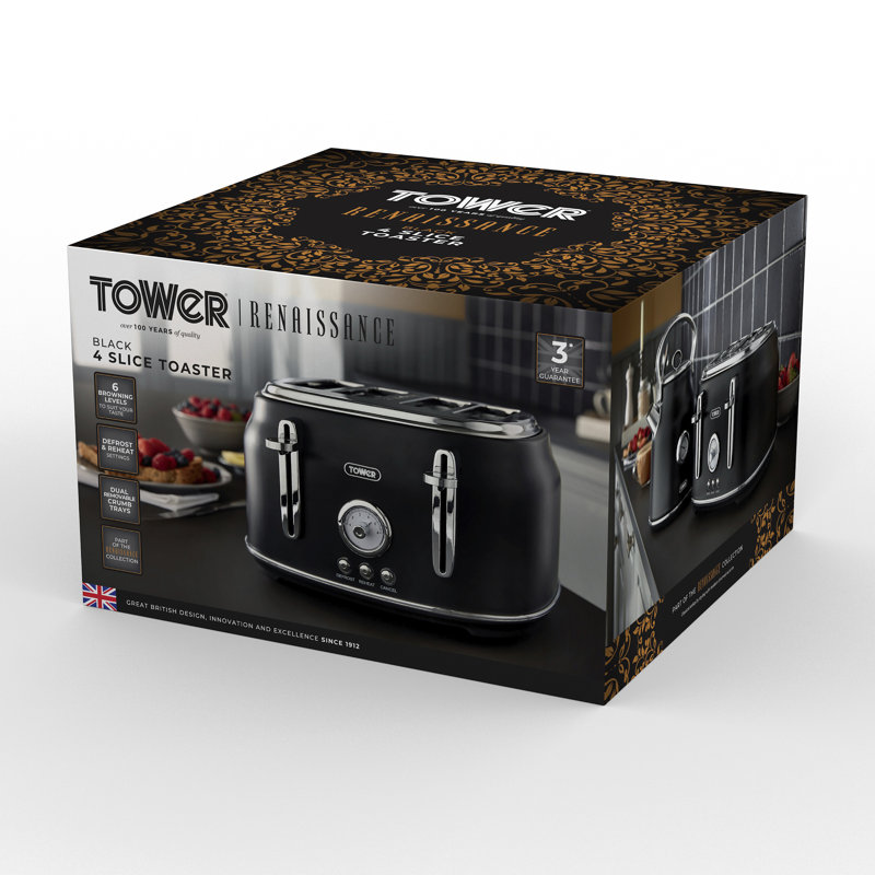 Tower Renaissance 4 Slice Toaster, 7 Browning Levels, Self-Centring Function 1630W, Black