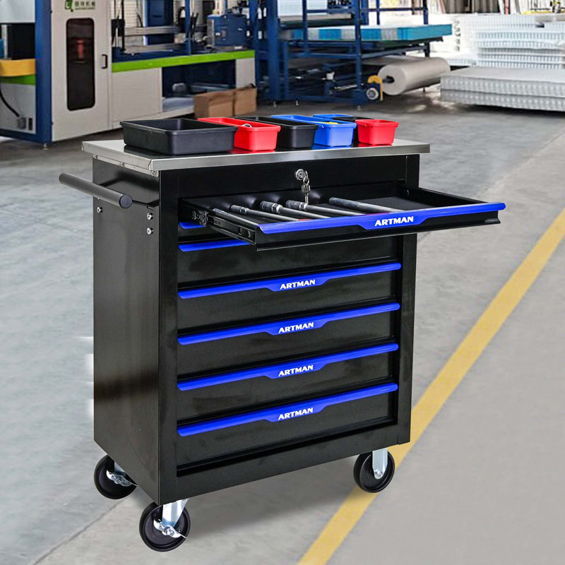 Chariot à outils multifonctionnel avec 7 roulettes - noir et bleu