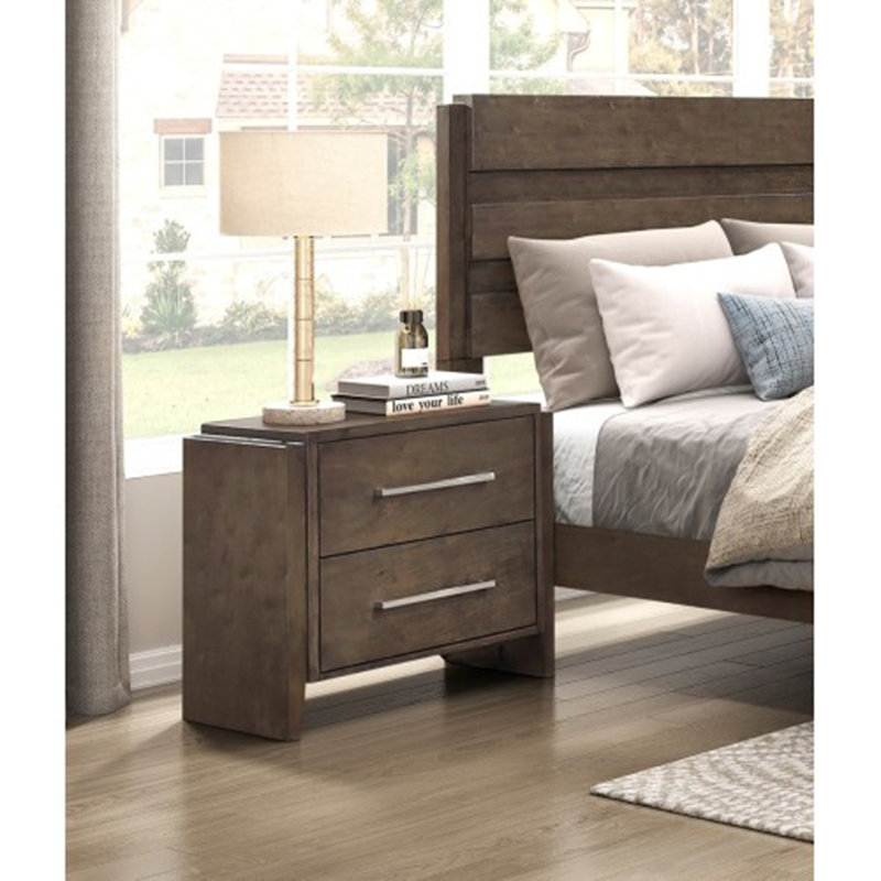 Table de chevet transitionnelle en noyer foncé à 2 tiroirs - Mobilier de chambre en bois d'hévéa massif