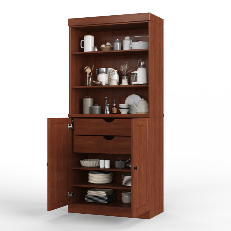 Garde-manger Birce 100% bois massif 32 po avec portes solides, 2 tiroirs et tablettes réglables, Moka