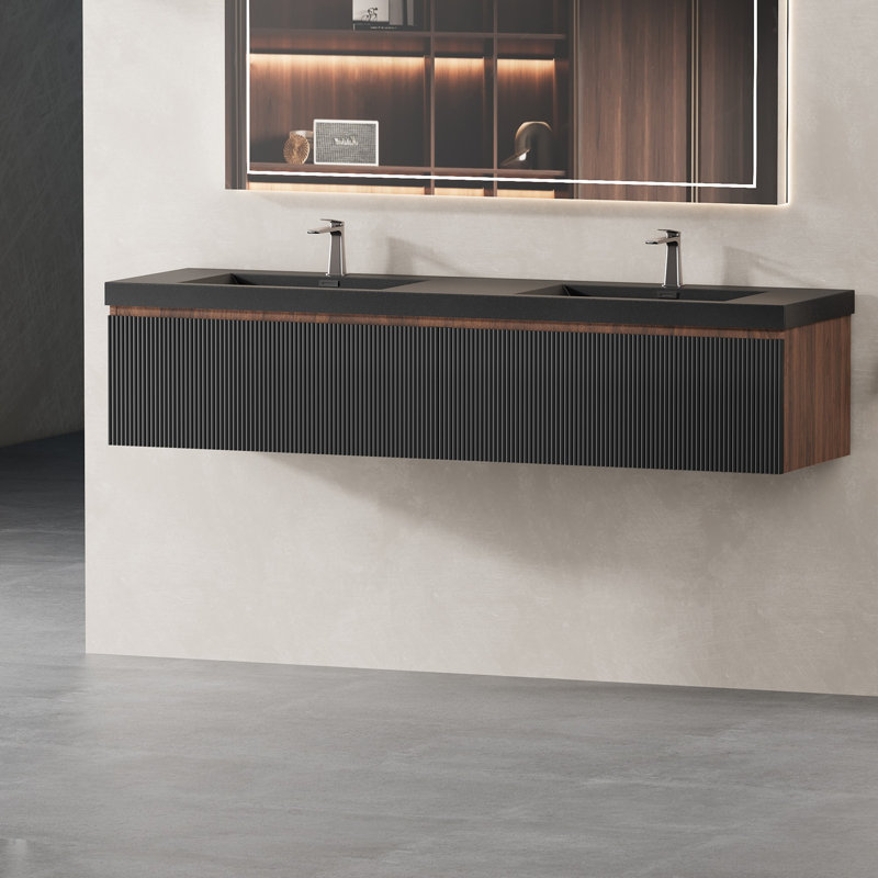 Meuble-lavabo flottant avec lavabo, Noyer, Noir, 71"