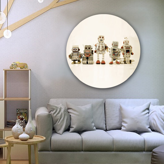 Robot Friends Print, Round 24" H x 24" W, Unframed Paper