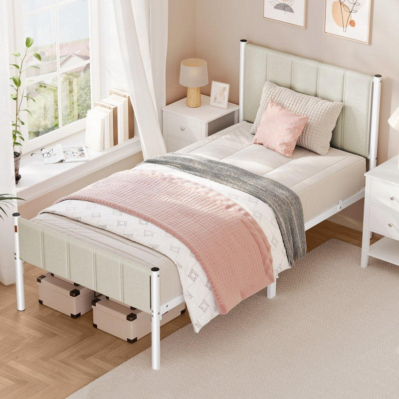 Upholstered Platform Bed with Headboard, Twin, White