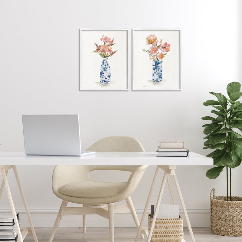 Ensemble de 2 giclées chinoises chinoises à motif de bouquets roses, design par Carol Robinson, H 14 po x l 22 po