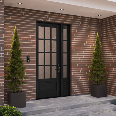 G7512-SW-96_1-1 | 96" Single Door + 1xSidelite, RTA Prehung Exterior, SDL 12 Lite 3/4 Lite, 1 Panel, Unfinished Mahogany Wood