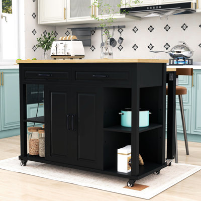Îlot de cuisine extensible avec 2 tiroirs, armoire de rangement et prise de courant intégrée