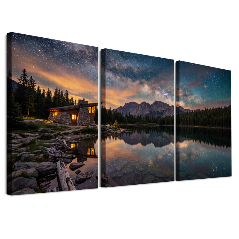 Ensemble de 3 toiles murales représentant une cabane en pierre au bord d'un lac sous un ciel étoilé, 30"H x 20"W x 3pcs