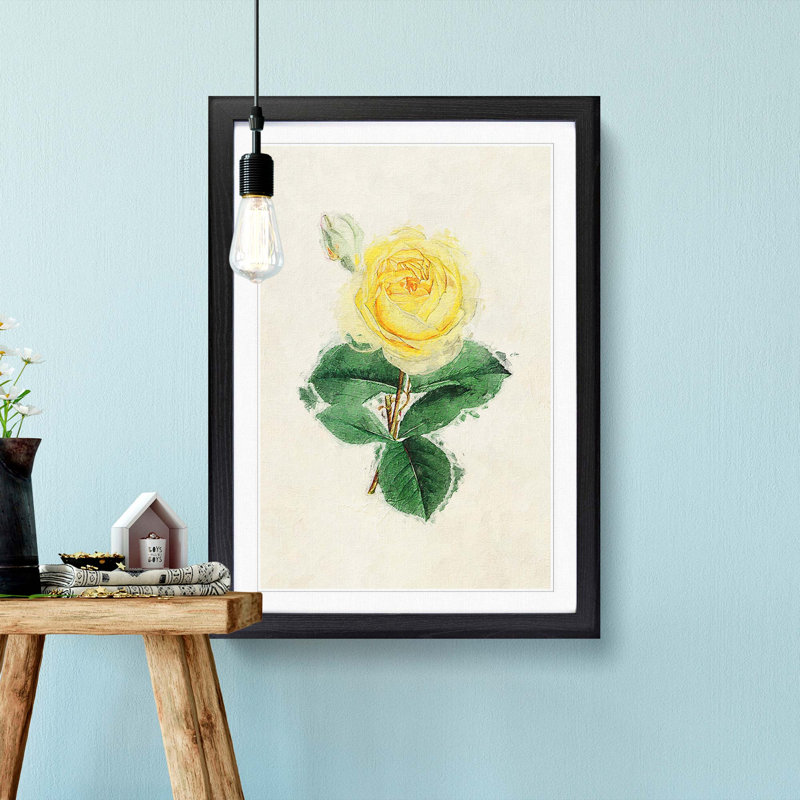 Illustration of a Yellow Rose - Picture Frame Painting Print, 36cm H x 27cm W x 2cm D, Black Framed