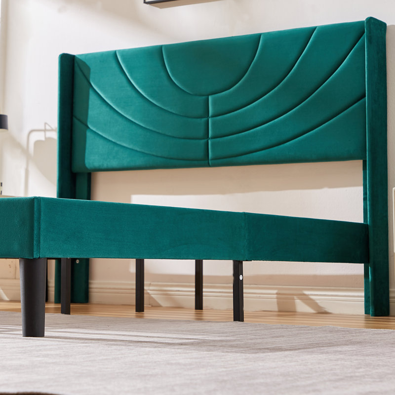 Full Size Velvet Bed Frame with Wingback Headboard, Upholstered Platform Bed with Wing Side Channel Tufted Headboard, Solid Wooden Slats Support, No Box Spring Needed, Noise Free, Dark Green
