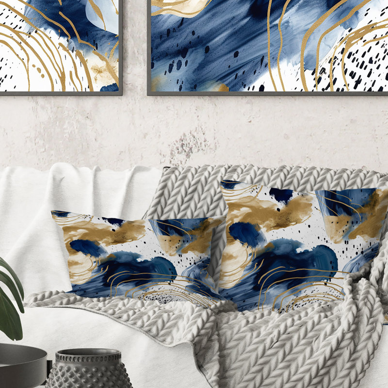 Abstract Pattern With Blue & Golden Textures II - Abstract Collages Printed Throw Pillow, 18" x 18"