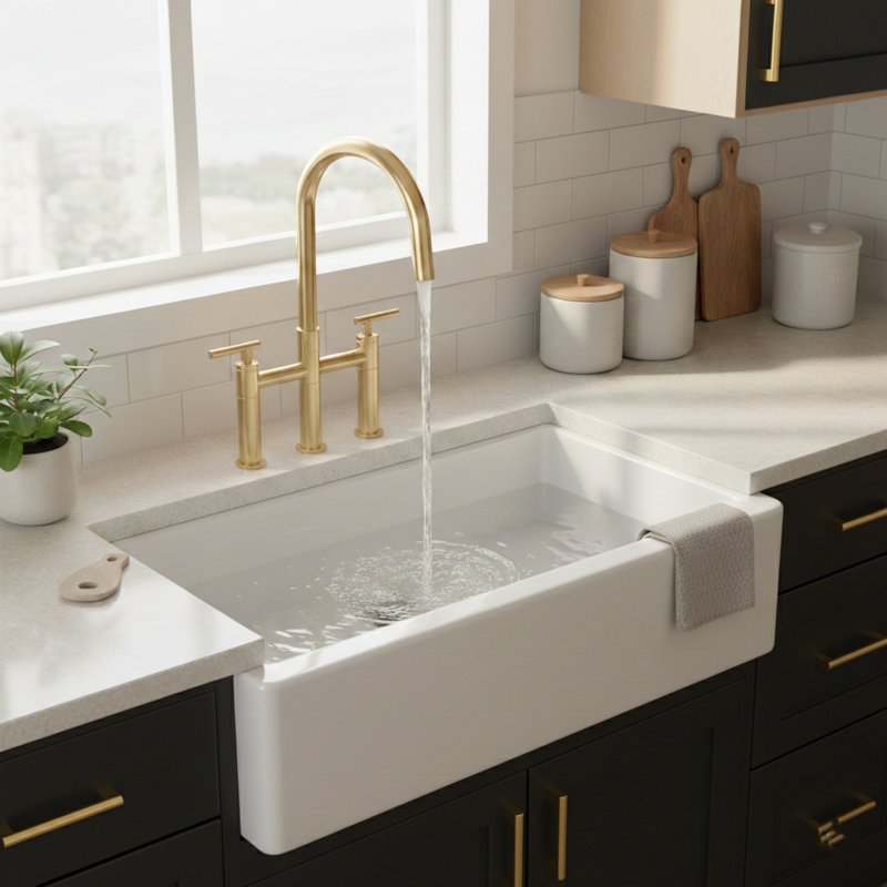 Bridge Kitchen Faucet with Hidden Pull Down Sprayer, 2 Handle 3 hole Widespread Kitchen Sink Faucet, Gold