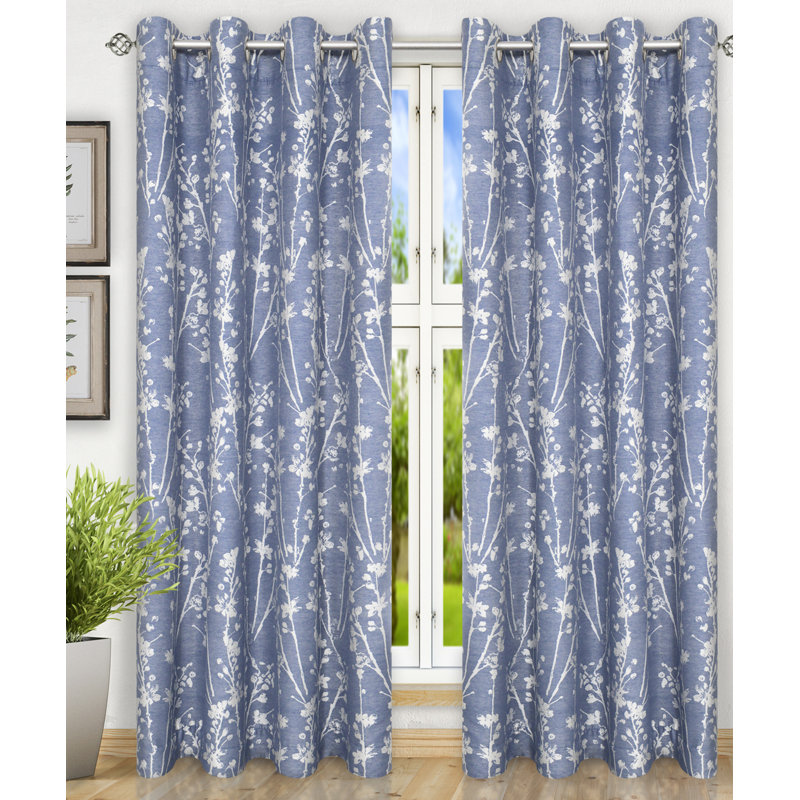 Cobalt Floral Polyester Room-Darkening Grommet Curtain Panel