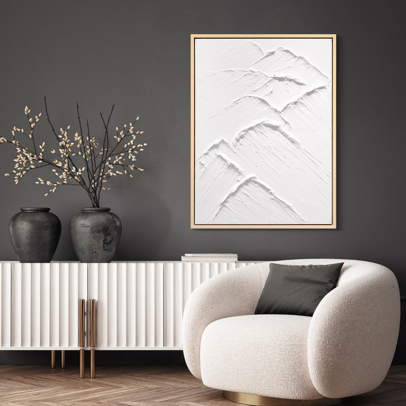 White Textured Abstract Mountain Canvas with Light Wood Frame, 30" x 40"