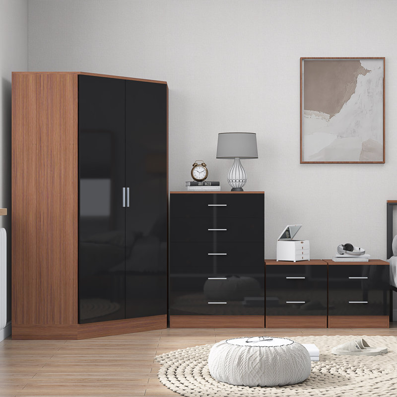 Eva Piece Bedroom Set, Black Gloss / Walnut