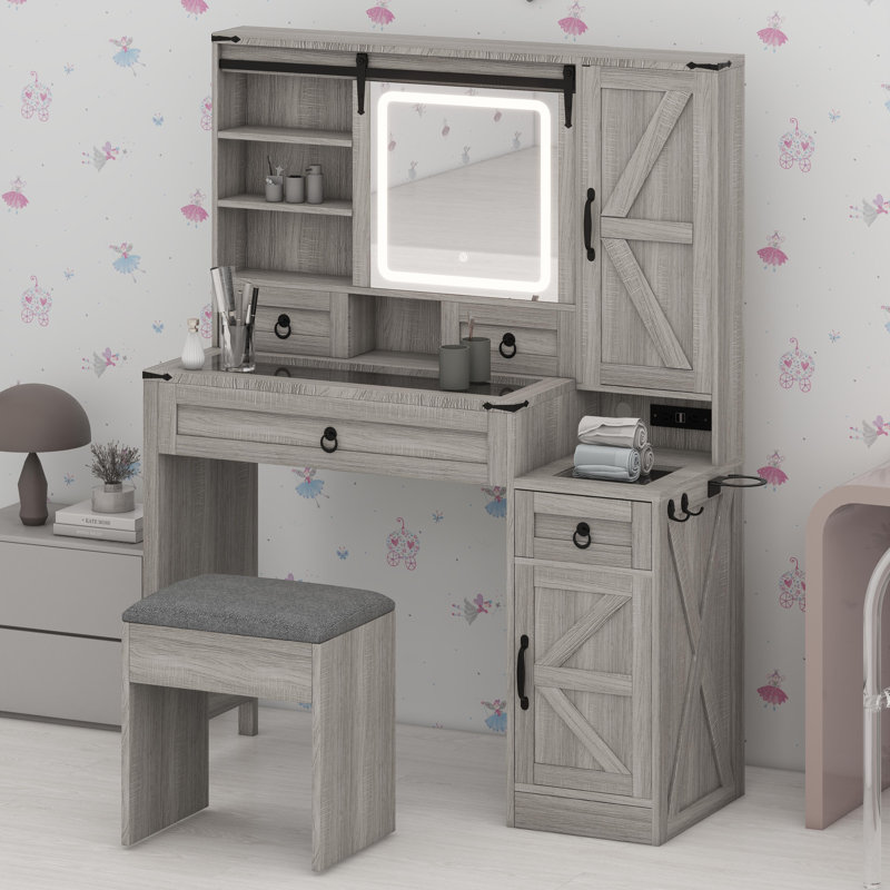 Complete Vanity Set Featuring Sliding Mirror, Illuminated Lights, and Storage Cabinets, Gray