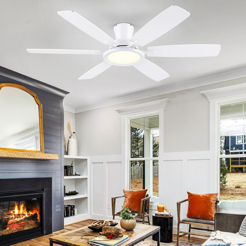 Ventilateur de plafond encastré moderne de 55 po avec lumières DEL et télécommande, Blanc