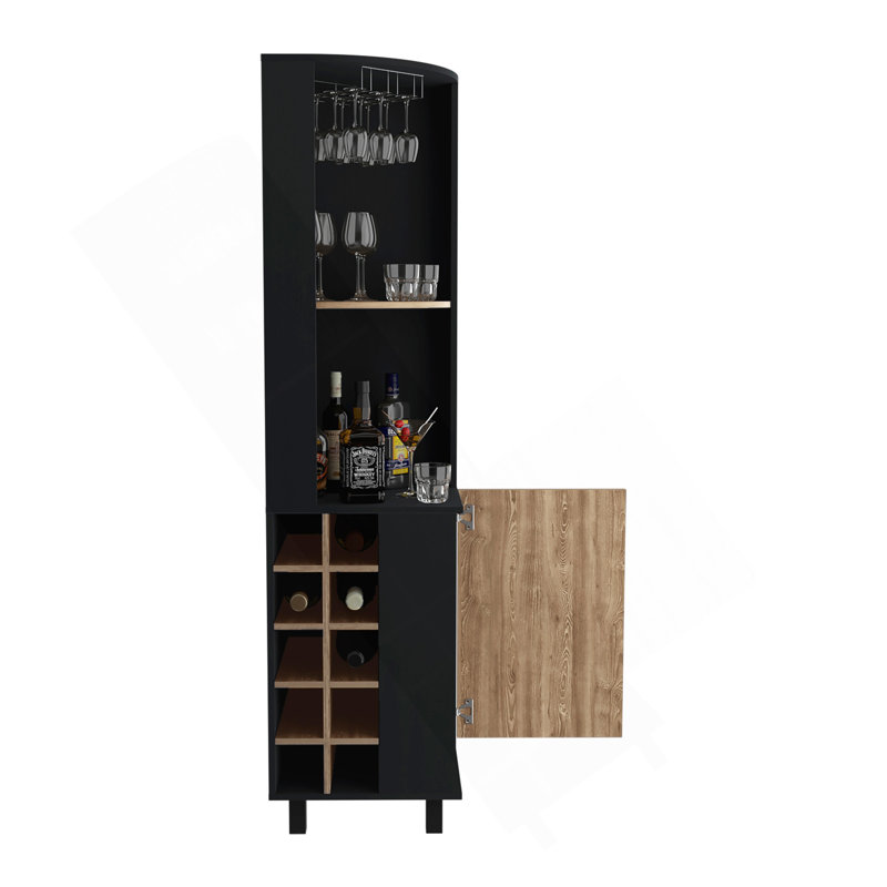 Grande armoire de coin de 70 po avec quatre tablettes, dix casiers à bouteilles de vin et verres à pied noirs Kaia