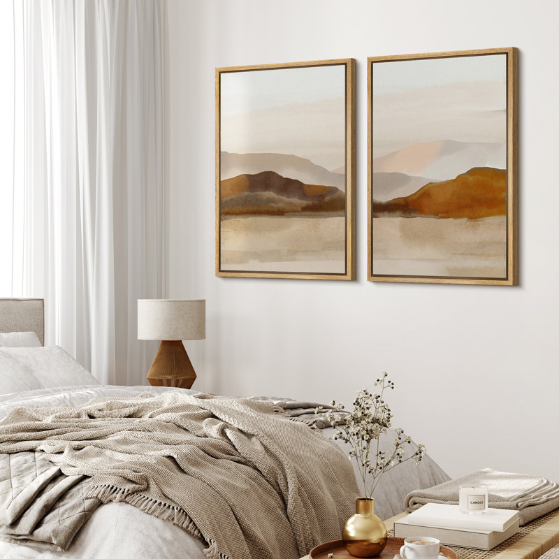 Abstract Landscape Neutral Watercolor Brown Mountain Artwork Framed Canvas 2 Pieces Print Wall Art, 36" H x 48" W
