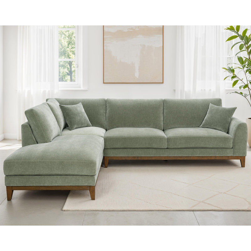 Canapé modulaire en chenille gauche Celina avec coussins décoratifs, Chenille verte, Left Hand Facing